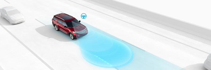 Graphic of a 2022 Ford Explorer in Rapid Red Metallic Tinted Clearcoat demonstrating the Lane-Keeping System