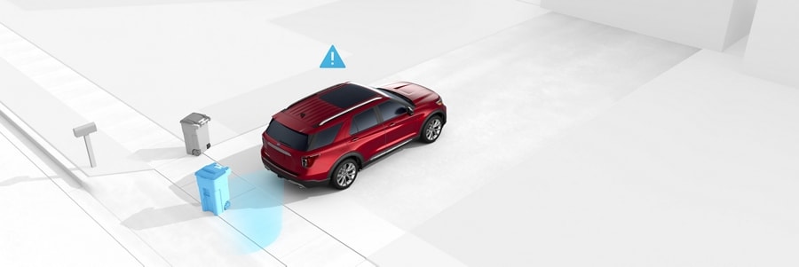 Graphic of a 2022 Ford Explorer in Rapid Red Metallic Tinted Clearcoat demonstrating Reverse Brake Assist