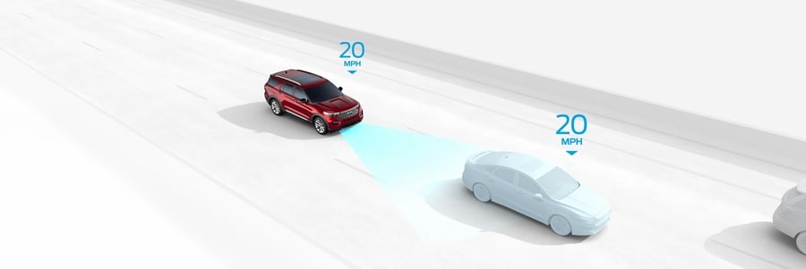 Graphic of a 2022 Ford Explorer in Rapid Red Metallic Tinted Clearcoat demonstrating Intelligent Adaptive Cruise Control
