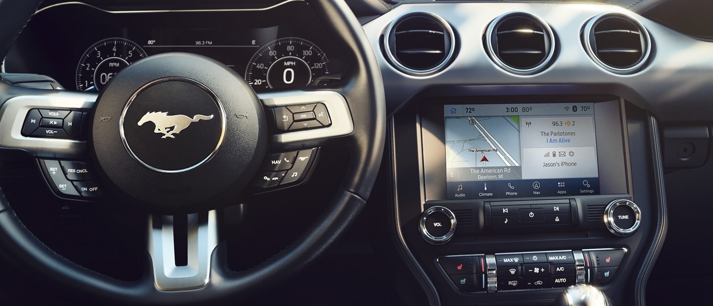 Close view of a touchscreen showing SYNC® 3 in a Ford Mustang