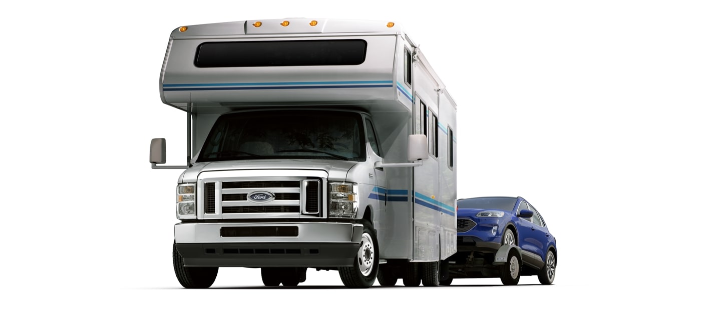 2024 Ford E-Series Cutaway with Class C Motorhome towing auto trailer