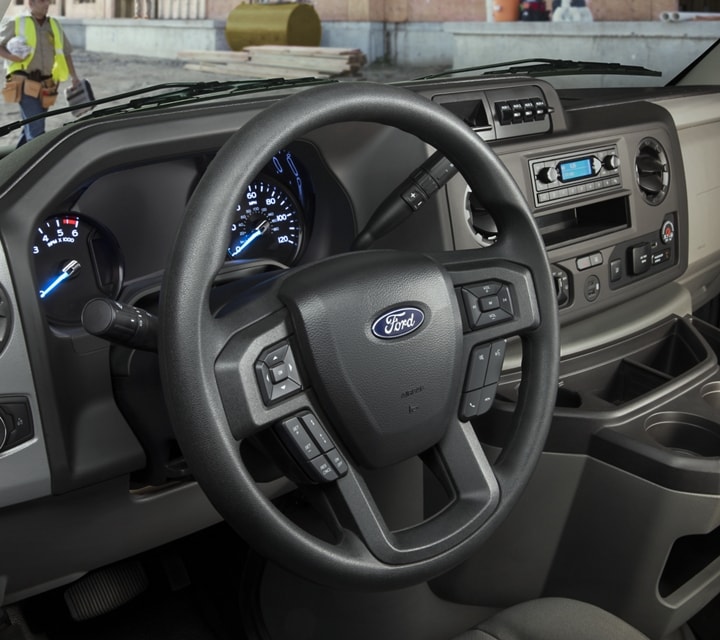 Close-up of the 2024 Ford E-Series ergonomic instrument panel