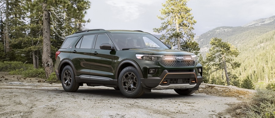 2022 Ford Explorer Timberline edition parked atop a wooded hill