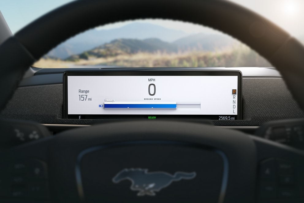 157 miles of available range being displayed on a Mustang® Mach-E® dashboard screen