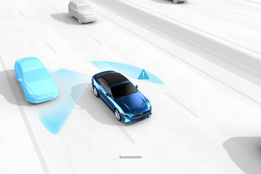 2023 Ford Mustang® coupe graphic demonstrating BLIS® (Blind Spot Information System) with Cross-Traffic Alert