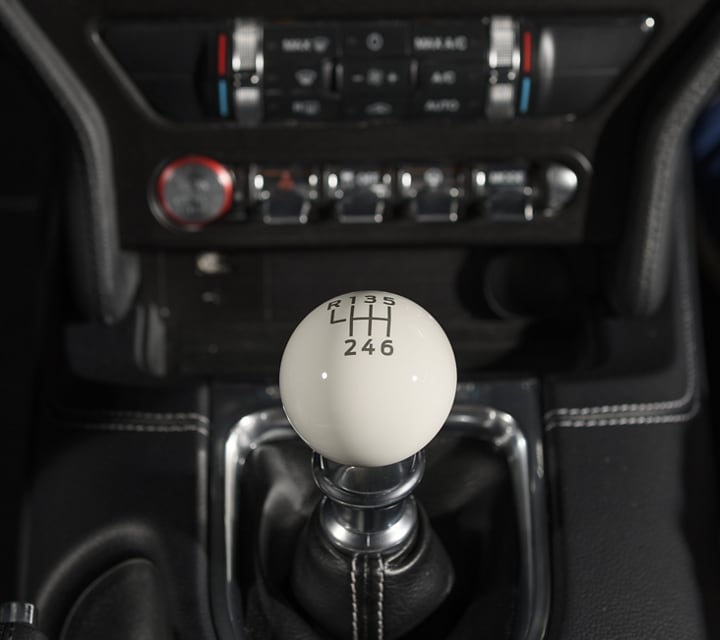 Close-up of 2023 Ford Mustang® Mach 1® model white cue ball shifter