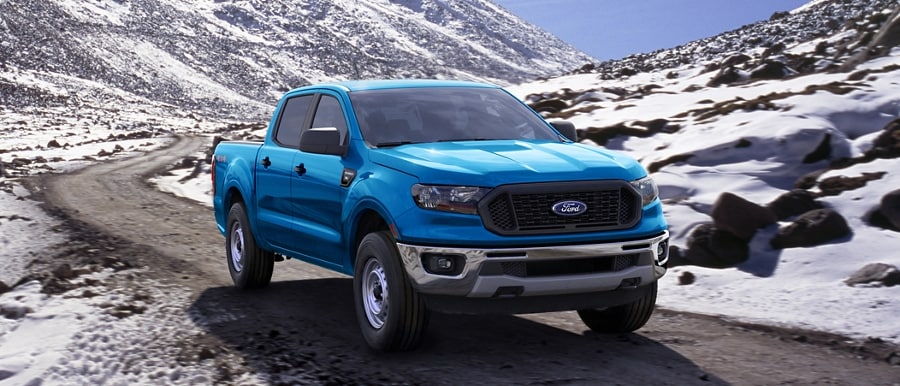 2023 Ford Ranger® Lariat with Chrome Appearance package in velocity blue parked in snow