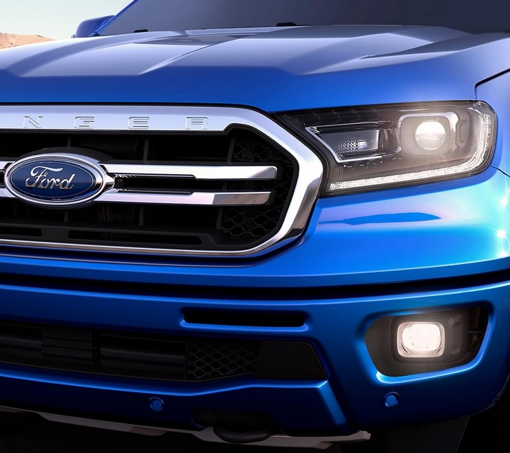 2023 Ford Ranger® shown in Velocity Blue, close-up of grille