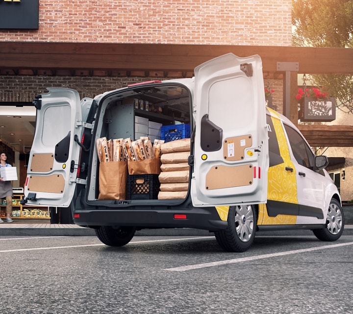 2023 Ford Transit Connect Cargo Van with 180-degree 50/50 swing-out rear cargo doors open