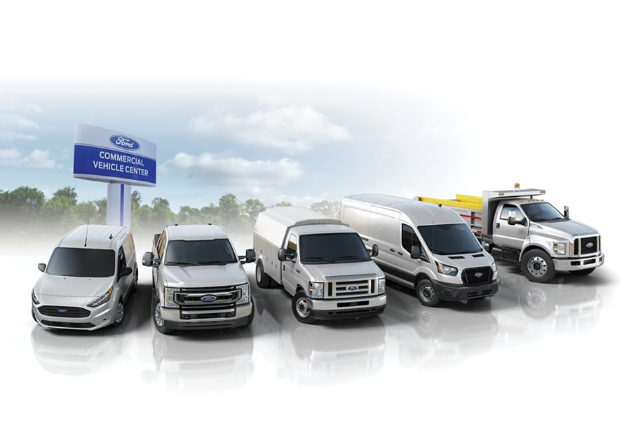 Five 2023 Ford Transit® Chassis cabs parked next to each other with Commercial Vehicle