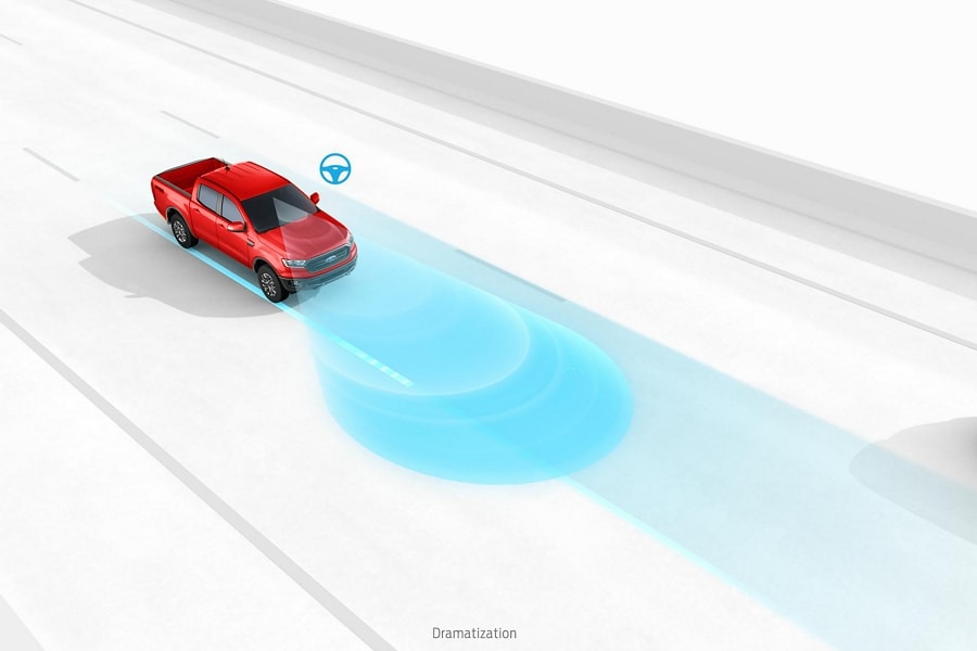 Illustration of 2023 Ford Ranger® in Race Red demonstrating lane-keeping assist