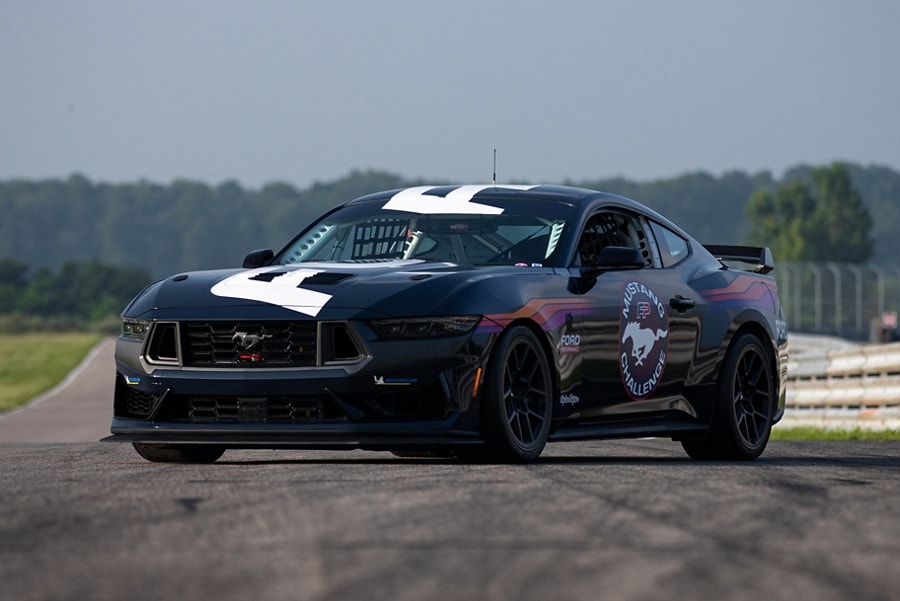 Ford Mustang® Dark Horse™ R race car being driven on a closed course