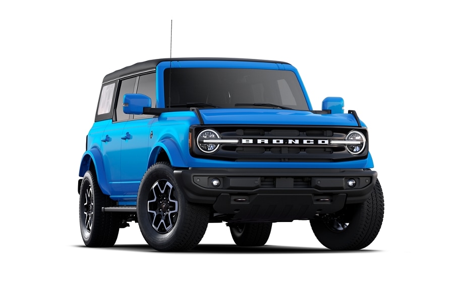 Four-door 2023 Ford Bronco® Outer Banks® model shown in Velocity Blue Metallic