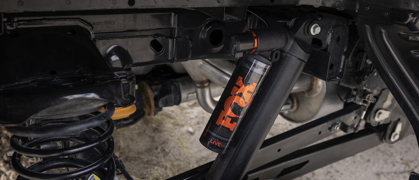 Close-up of the suspension and FOX™ shocks on the 2023 Ford F-150® Raptor R™