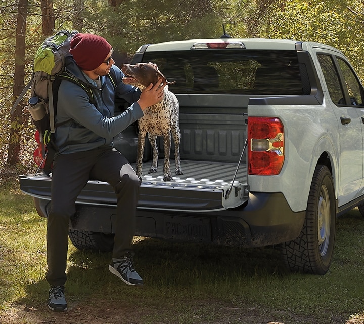 A 2024 Ford Maverick® truck in Cactus Gray is parked in a scenic location with a person and a dog in the truck bed