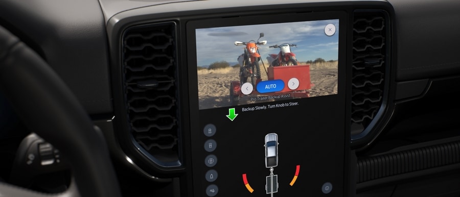 Close-up of the 2024 Ford Ranger® 12-inch center stack screen with Pro-Trailer Backup Assist™ being displayed