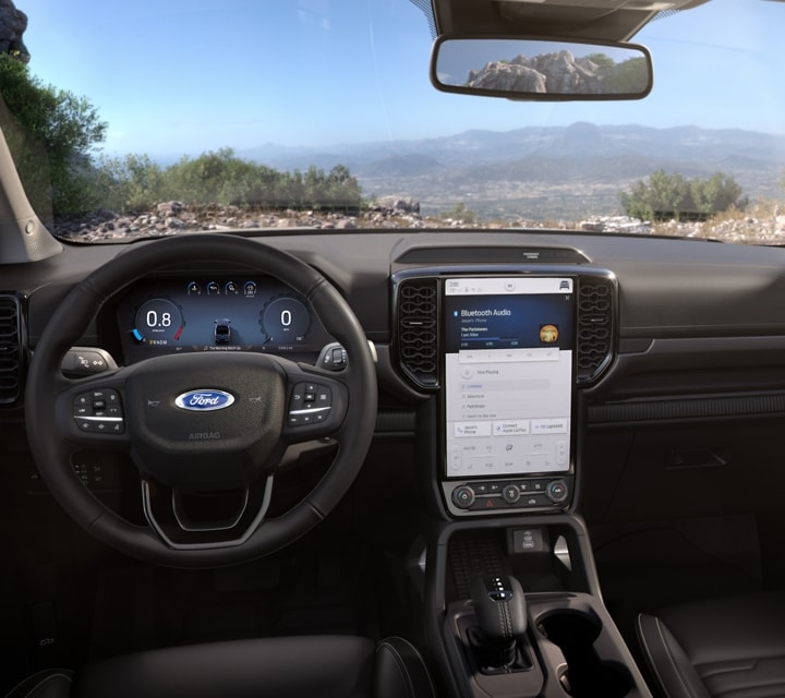 Interior cabin of the 2024 Ford Ranger® with a view of the outside