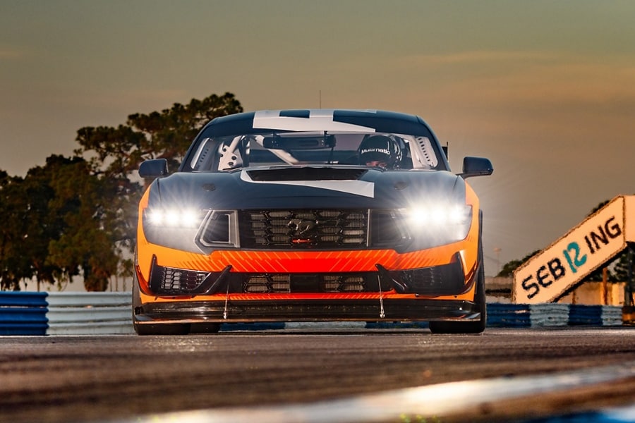 Ford Mustang® GT4 race car being driven on a closed course