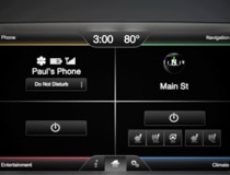 A SYNC with MyFord touchscreen showing four quadrants: a paired phone, navigation, media and temperature controls.