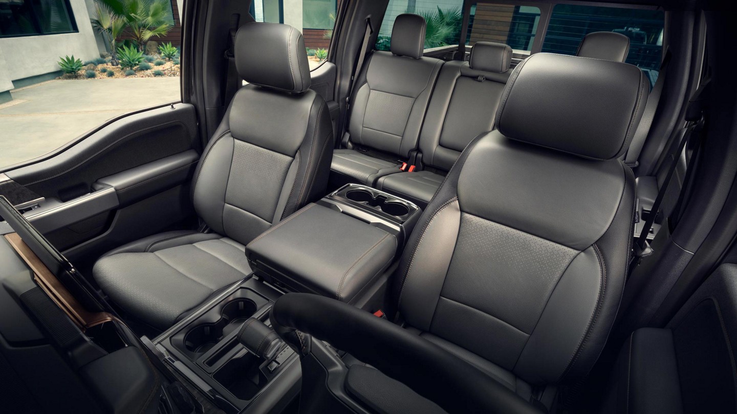 Black leather interior of the 2023 Ford F-150® Lightning® LARIAT™