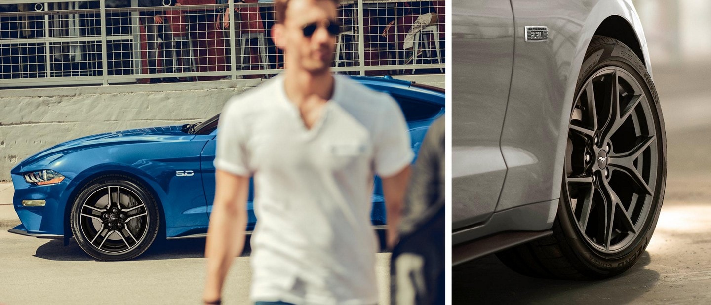 Left is a 2023 Ford Mustang® coupe parked in front of a store. Right is a close-up of a Mustang tire