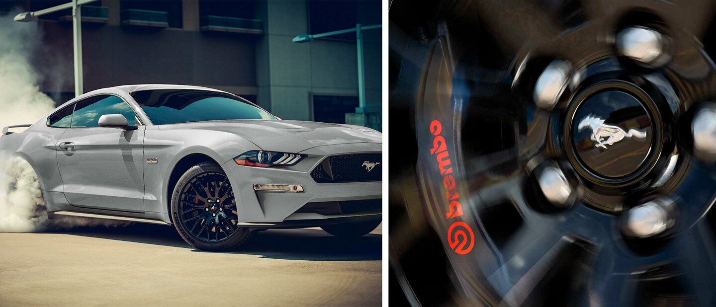 Left is a 2023 Ford Mustang® coupe performing a burnout. Right is a close-up of the Brembo™ brakes