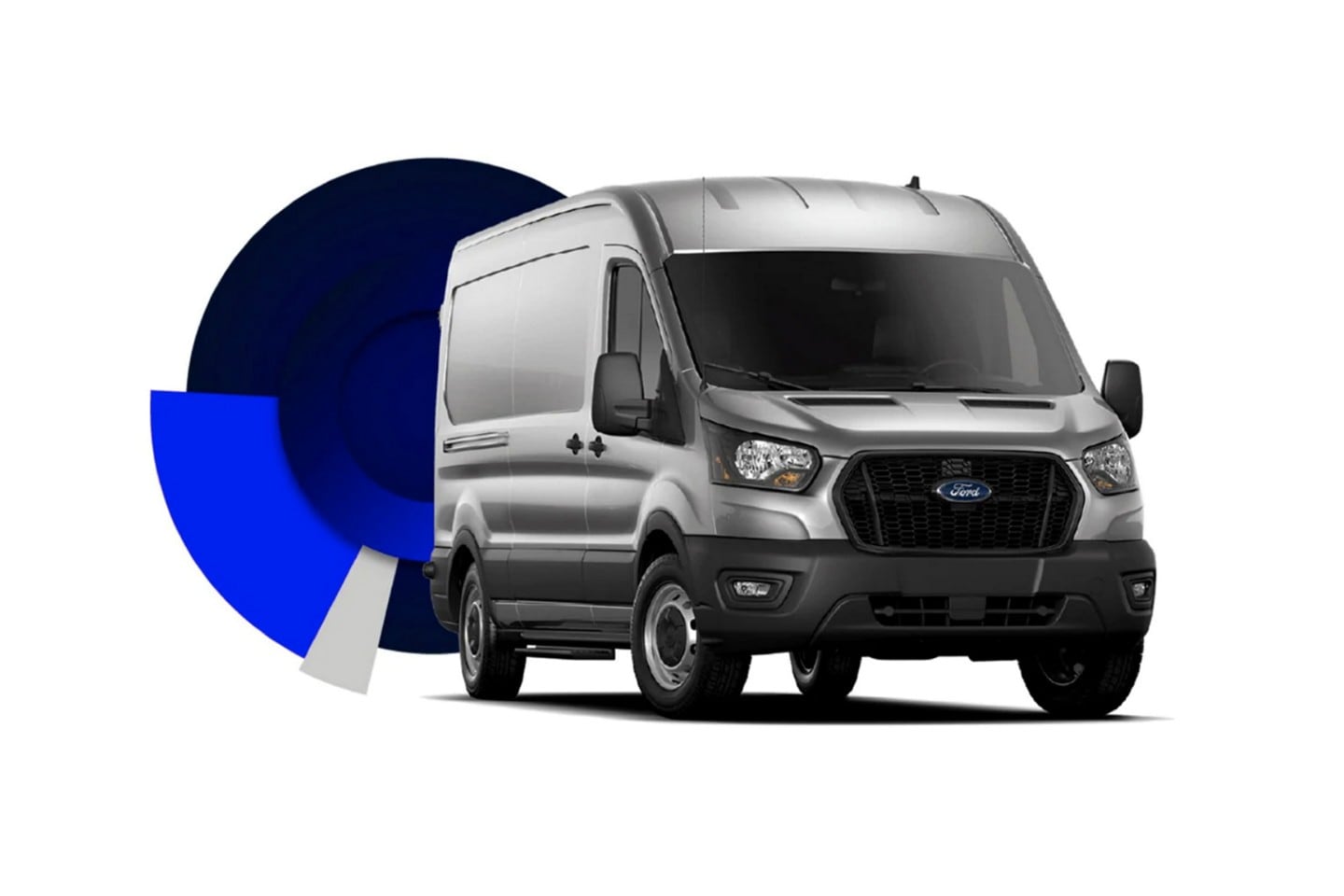 A 2023 Ford Transit® van with a graphic depicting Telematics Essentials behind it