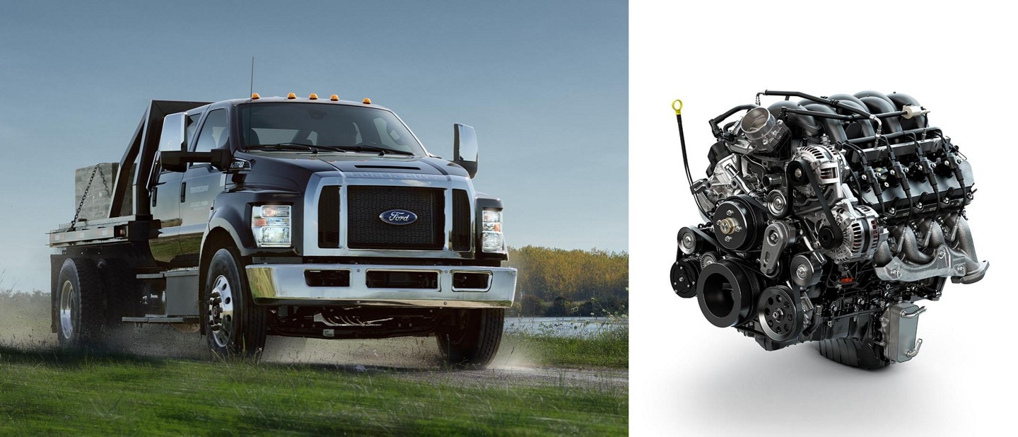 2024 Ford F-750 Crew Cab in Agate Black being driven on dirt road near grass and water and 7.3-liter V8 gas engine