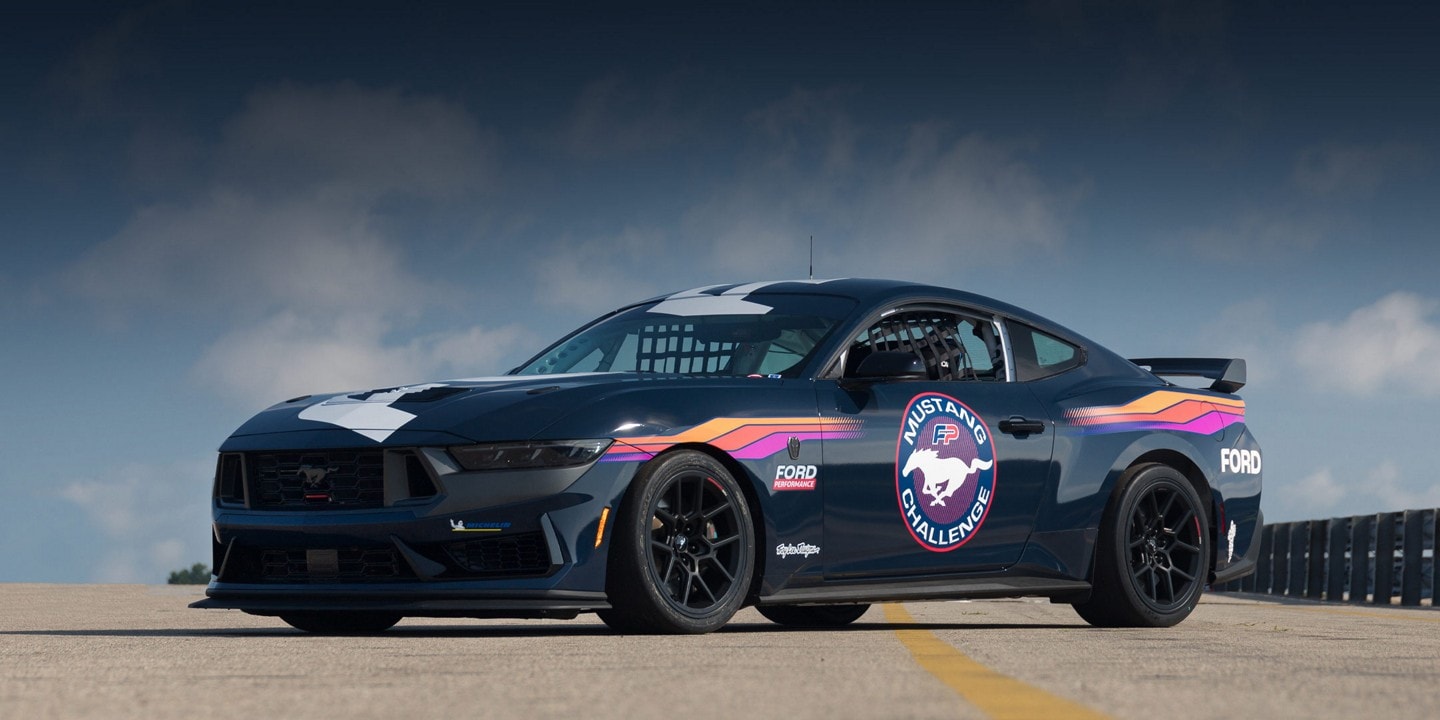 Ford Mustang® Dark Horse™ R race car parked on a closed course