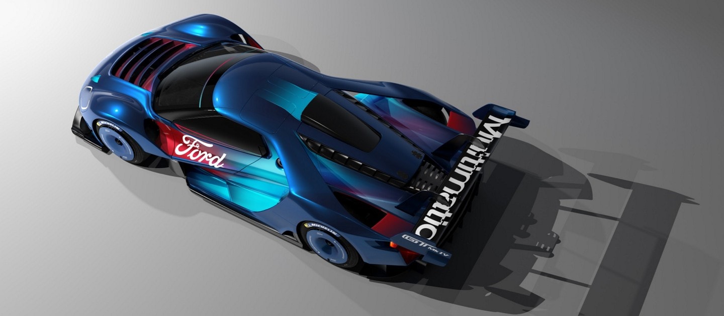 A blue 2023 Ford GT Mark Four seen from an overhead view