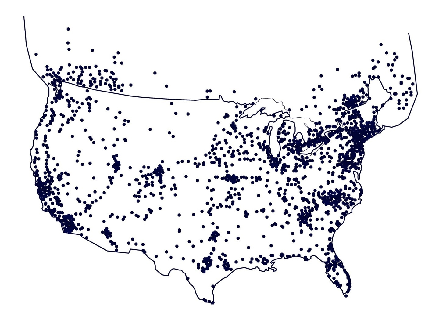 A map highlighting various BlueOval™ Charge Network charging stations in North America