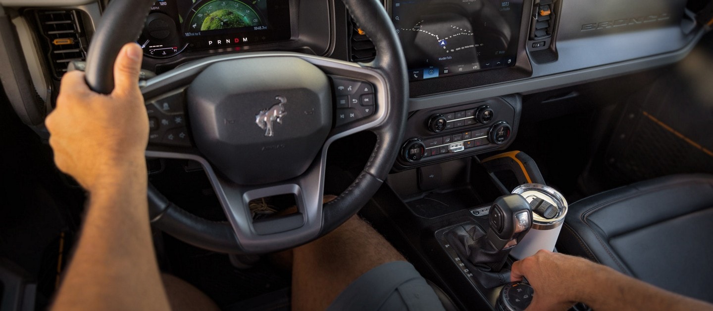 Close-up of interior dashboard and touchscreen of a 2023 Ford Bronco® model