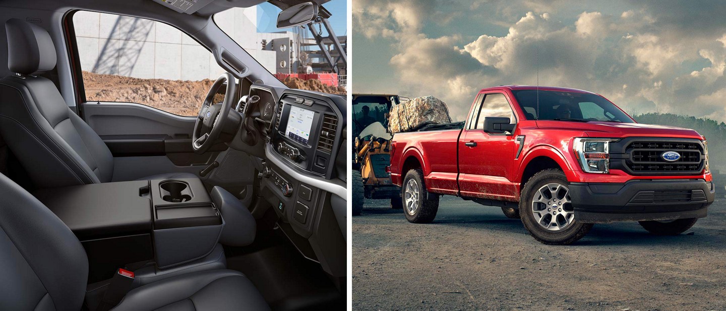 Split-screen images of a 2022 Ford F-150 XL interior and exterior
