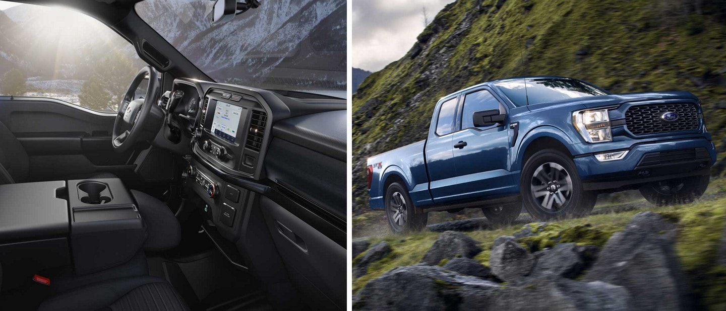 Split-screen images of a 2022 Ford F-150 STX interior and exterior
