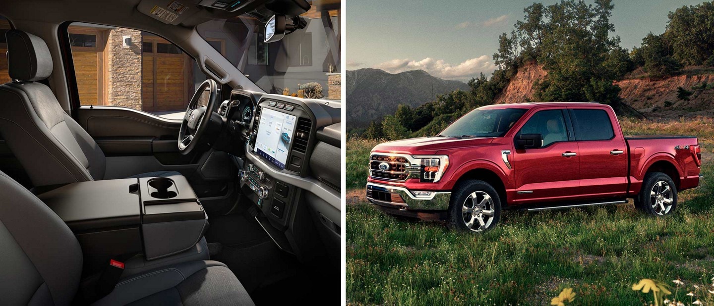 Split-screen images of a 2022 Ford F-150 XLT interior and exterior