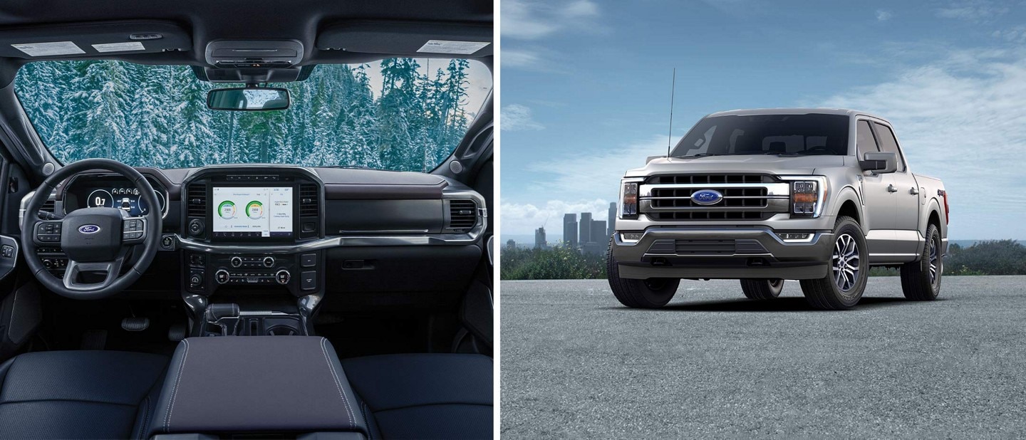 Split-screen images of a 2022 F-150 LARIAT interior and exterior