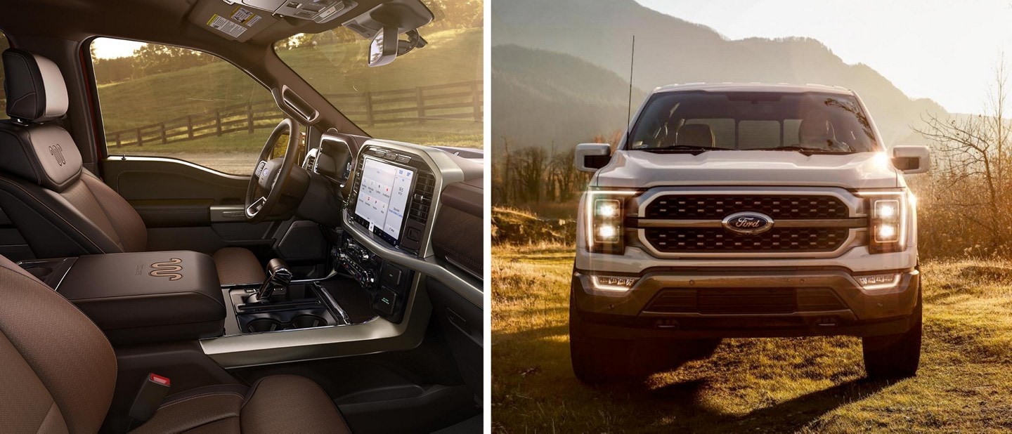 Split-screen images of a 2022 Ford F-150 King Ranch® interior and exterior