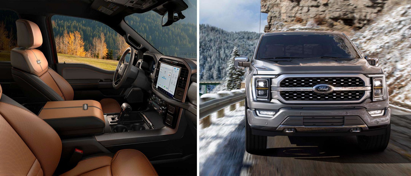 Split-screen images of a 2022 Ford F-150 Platinum interior and exterior