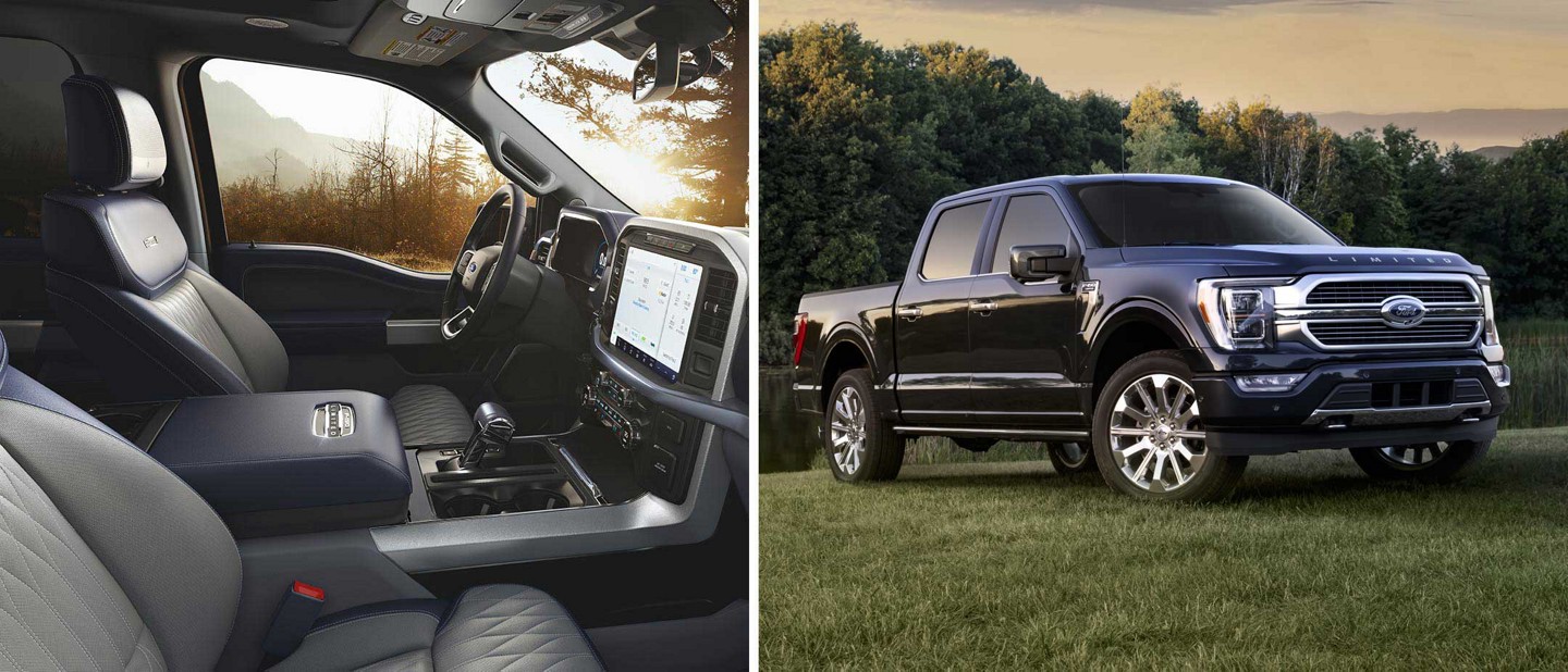Split-screen images of a 2022 Ford F-150 Limited interior and exterior