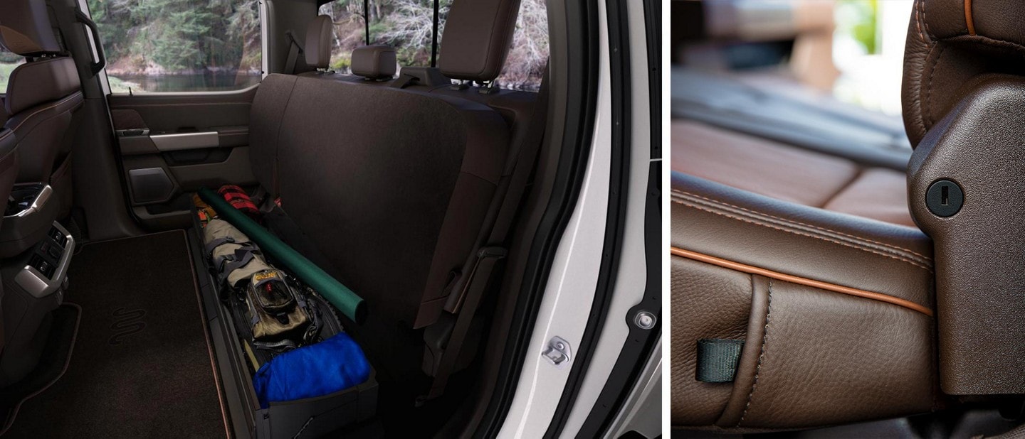 A split-screen on a 2022 Ford F-150 with the rear seats folded up and a close-up of interior stitching on the right