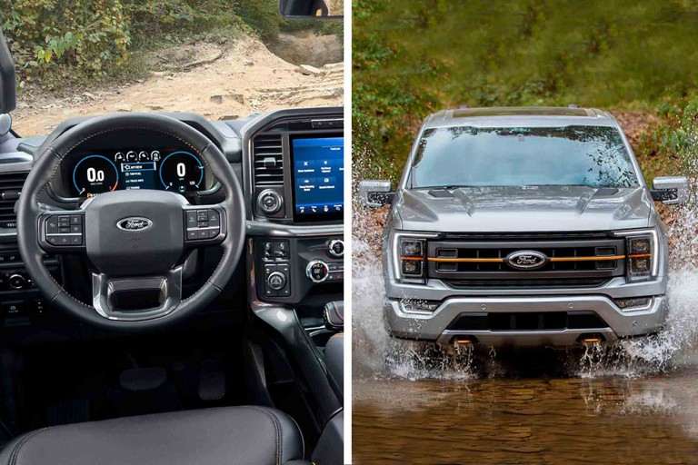 Split-screen images of a 2022 Ford F-150 Tremor™ interior and exterior