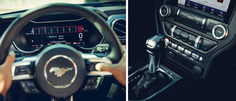 Split screen with a 2023 Ford Mustang® coupe steering wheel on the left and the center console on the right