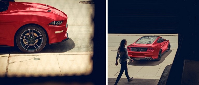 Left is a 2023 Ford Mustang® coupe wheel. Right is a rear shot of a 2023 Ford Mustang® coupe with a person walking
