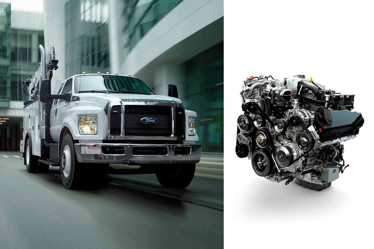 2024 Ford F-750 SuperCab in Oxford White being driven on road and 6.7-liter Power Stroke® V8 Turbo Diesel engine