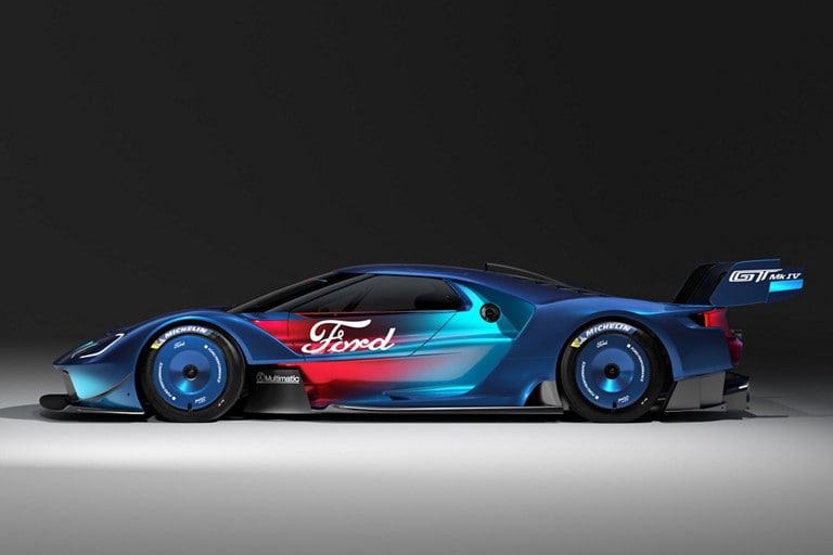 A blue 2023 Ford GT Mark Four seen in a profile view