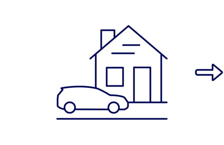 Illustration of an SUV parked in front of a home with an arrow pointing right