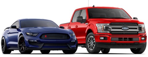 2020 Ford F 1 50 X L T with Sport Appearance Package in Race Red and 2020 Ford Mustang G T 3 50 R in Kona Blue