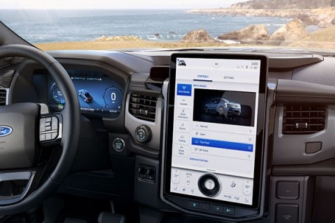 The closeup of the 15.5-inch touchscreen in a 2022 Ford® F-150 Lightning